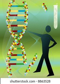 A man reaching out to a strand of DNA abstract