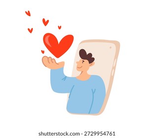 Man reaching from a smartphone screen, holding up a red heart, symbolizing vector valentine sending love, likes, or dating online
