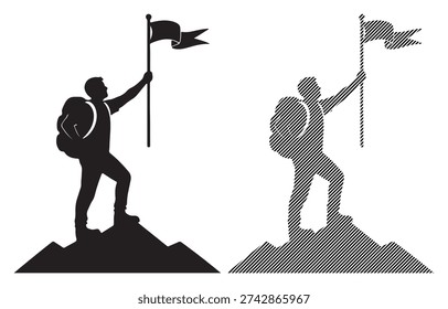 Man reaching summit with flag, successful climber achievement, victory mountain silhouette