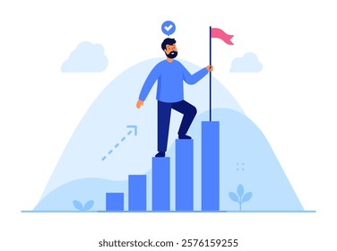 Man reaching the top of a growth chart with a flag. Business success, goal achievement, self development, milestone, progress, winning concept. Flat vector illustration isolated on white background.