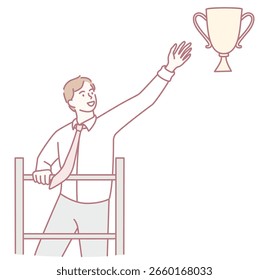 Um homem está alcançando um troféu colocado no alto de uma escada, que lindamente simboliza tanto ambição quanto sucesso na vida