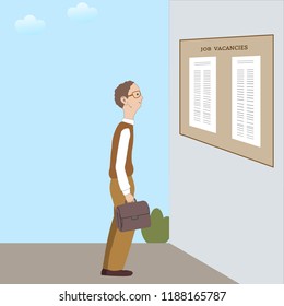 Man read the advertisement on the wall to seek work, look for a job Vector illustration.