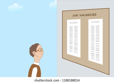 Man read the advertisement on the wall to seek work, look for a job Vector illustration.