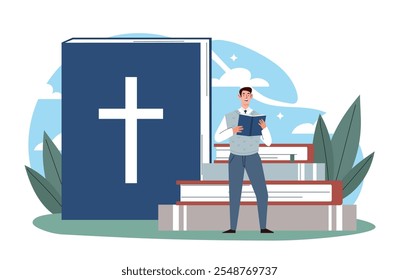 O homem lê a bíblia. Jovem perto de um livro religioso enorme. Fé e religião, creiam. Espiritualidade e cristianismo. Catolicismo e Protestantismo. Ilustração de vetor plano isolada no plano de fundo branco