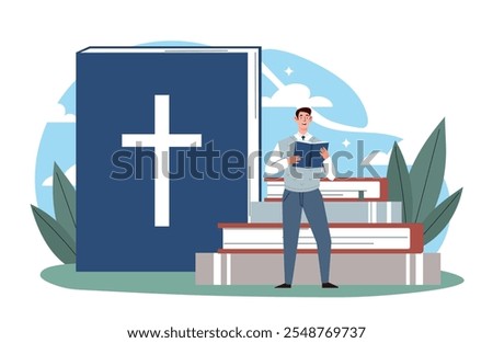 Man read bible. Young guy near huge religious book. Faith and religion, believe. Spirituality and christianity. Catholicism and Protestantism. Flat vector illustration isolated on white background