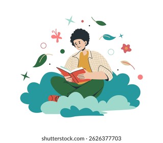 Man read book. Clever boy sitting on cloud and reading, imagination and inspiration literature. Bookworm character. Students education and knowledge. Vector cartoon flat style isolated illustration
