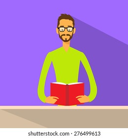 Man Read Book Glasses Flat Vector Illustration