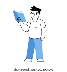 Der Mensch las Buch. Menschen und Bildung. Lineare männliche Figur in blauer Kleidung. Geometrische moderne Illustration. Trendy-Skizze einzeln auf Weiß