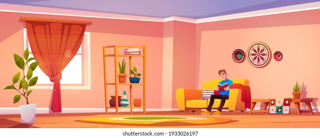 Man read book at home, young male character sitting on couch in bohemian style interior relaxing reading interesting literature or prepare to examination, education concept Cartoon vector illustration