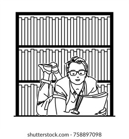 A man read a book in the library, hand drawn line art in black and white