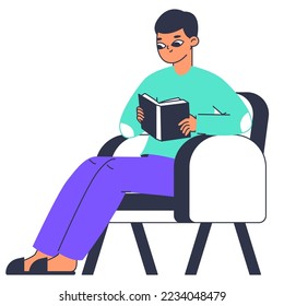 Man read book. Male literature lover with book in hands, guy reading book in comfy armchair isolated flat vector illustration on white background