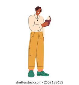 Man read book at standing pose. Vector guy reading text or enjoying literature. Cartoon person or student studying. Clipart for knowledge and study, university and school, library. People, books theme