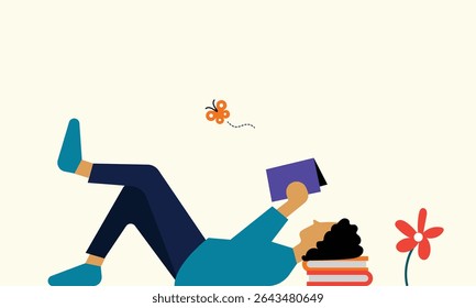 Homem lê livros deitados, borboleta voando ilustração lugar natural