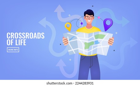 Man read map and choose which way. Confused businessman holds map and stands at crossroads. Choosing direction to go. effective business solution. Male character with gps pin. right decision making.