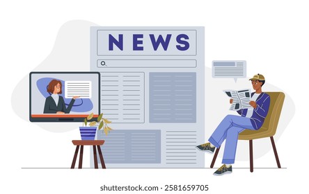 Man read news. Young guy with newspaper watch television. Mass media and journalist. Information and knowledge. Person read articles on internet. Flat vector illustration