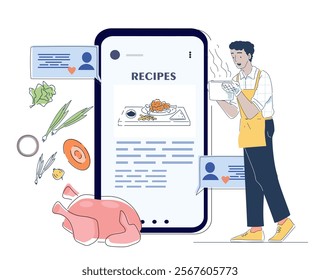 Man read online recipes. Young guy in apron with pot of soup. Food preparation and cooking. Chicken and vegetables. Healthy eating with vitamins. Linear vector illustration