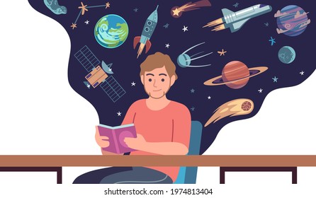 Man read space book. Young male character sitting at desk and holding open textbook, cosmic objects and rockets on background, science fiction literature. Vector cartoon concept