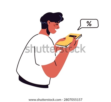 Man reader looking at book on sale. Literature discounts, price off in bookstore. Frugal customer saving money with booklet, store brochure. Flat vector illustration isolated on white background