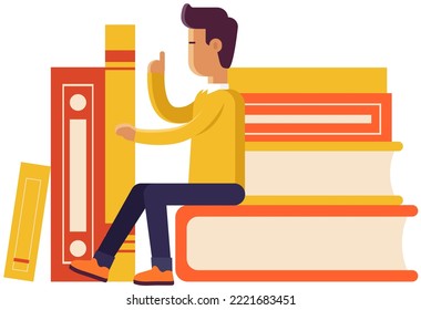 Man reader sitting on stack of textbooks. Learning, self-teaching, creative job or studying, education with books concept. Guy reading literature. Online library or bookstore design element