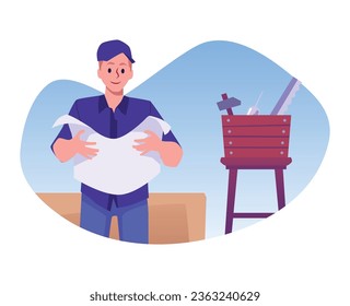 Der Mensch liest Montageanleitung, Handbuch. Möbelmontage Service Vektorgrafik-Illustration. Box mit Werkzeugen Hammer, Säge, Kleber steht auf einem Stuhl einzeln auf Weiß