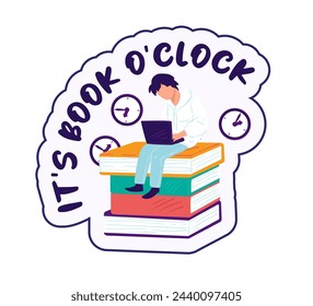 Man reading atop a stack of books, sticker vector, isolated on white.
