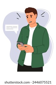 Mann liest schlechte Nachrichten auf dem Smartphone. In: Modern Vektorgrafik Flat Illustration.