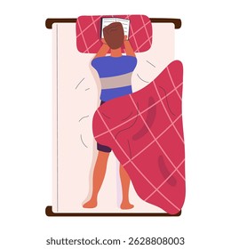 Man reading in bed. Young guy reading book lying in bed top view, resting man with book flat vector illustration. Cozy reading person