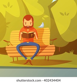 Man reading the Bible on a bench in the park cartoon background vector illustration 