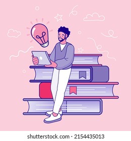 Man Reading A Big Book. World Book Reading Or Literacy Day Banner. Book Market Or Fair Concept. Online Reading. Back To School. College And University Concept Vector Illustration.