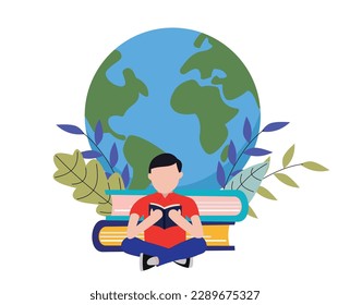 man reading a book against globe background. read a book. reading book concept. world book day