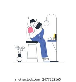Man Reading Book Alone Outline Illustration