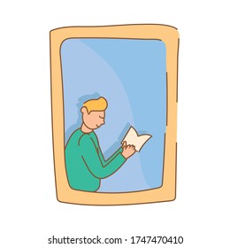 man reading book in apartment window for quarantine free form style vector illustration design