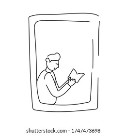 man reading book in apartment window for quarantine line style vector illustration design