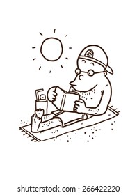 man reading book at beach