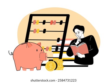 Man reading a book beside a piggy bank, coins, and an abacus on a light background, symbolizing financial literacy and money management