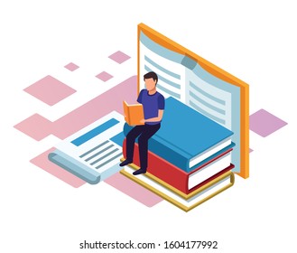 man reading a book with big books around over white background, colorful isometric design, vector illustration