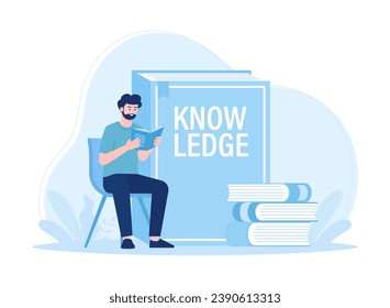 A man reading a book and browsing trending concept flat illustration