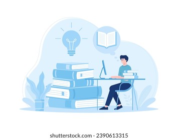 A man reading a book and browsing trending concept flat illustration
