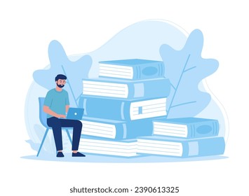 A man reading a book and browsing trending concept flat illustration