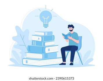 A man reading a book and browsing trending concept flat illustration