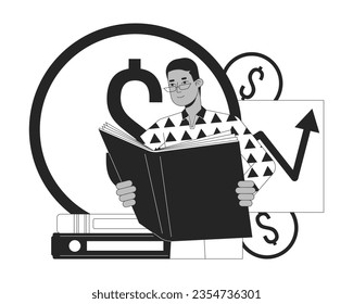 Man reading book bw concept vector spot illustration. Man reading bookkeeping book. Finance management 2D cartoon flat line monochromatic on white for web UI design. Editable isolated color hero image