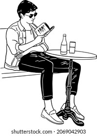 Mann liest Buch in der Cafeteria Stadt People Lifestyle Handgezeichnete Linie Kunst Illustration