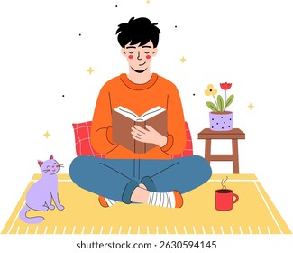 man reading book with cat vector illustration