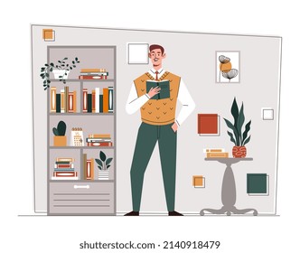 Man reading book. Character near home library, useful hobby and self development metaphor. Distance learning metaphor, student in apartment. Smart employee concept. Cartoon flat vector illustration