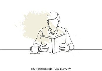 Mann Lesebuch mit Kaffeetasse in kontinuierlicher Linie Zeichnung Stil einzelne Linie Vektor