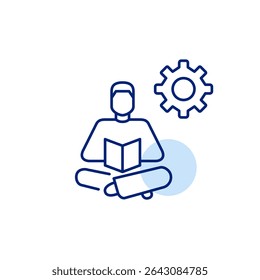 Man reading book and cogwheel. Learning management, personalized education settings, study optimization, knowledge system configuration, user-driven training. Pixel perfect, editable stroke vector ico