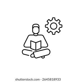 Man reading book and cogwheel. Learning management, personalized education settings, study optimization, knowledge system configuration, user-driven training. Pixel perfect, editable stroke vector ico