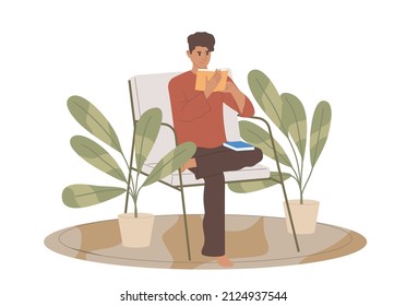 man reading book at comfortable home, releasing stress by reading, enjoying a book with a breeze, book lovers. flat vector isolated on white background