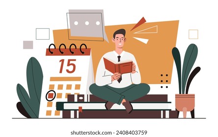 Man reading book concept. Young guy with fiction and textbook. Love for reading and literature. Education, learning and training. Cartoon flat vector illustration isolated on white background