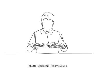 Man reading a book continuous one line drawing. Person study by reading book in single line art illustration. Editable vector.  